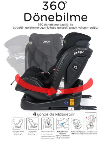 Prego Profix Pro 360° Dönebilen Isofixli 0 - 36 kg Oto Koltuğu Siyah