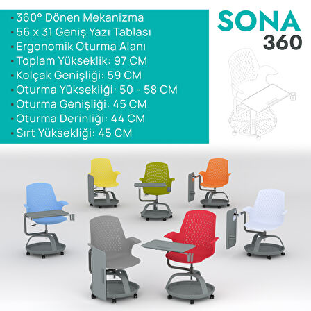 Sona 360 Yazı Tablalı Beyaz Mobil Eğitim Sandalyesi