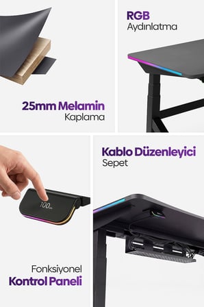 Raiden Çift Motorlu RGB Aydınlatmalı Elektrikli Yükseklik Ayarlı Oyuncu Masası