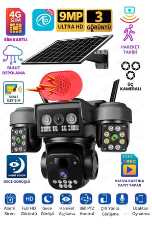 O-KAM OK8090 4G Simkartlı Solar 3 Lens 9MP Siren Mikrofon Hoparlör Yapay Zeka Güneş Panelli PTZ Kame