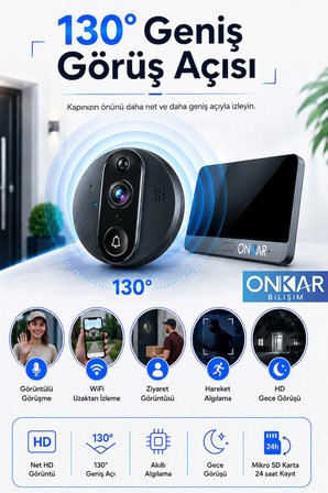 5MP Wifi Kameralı Kapı Zili Görüntülü Kapı Dürbünü Uzaktan Kontrollü Kablosuz Kamera 1080P 130° Görüş