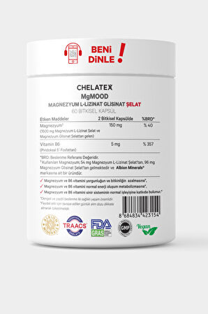 Chelatex Mgmood Magnezyum L-lizinat Glisinat Şelat 60 Bitkisel Kapsül