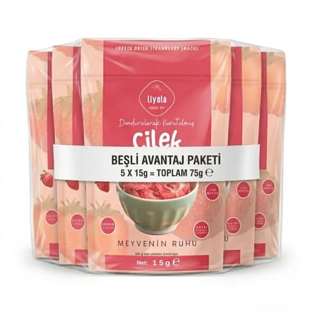Liyola Freeze Dry Dondurarak Kurutulmuş Çilek 15 g x 5 - Tamamen Doğal Atıştırmalık (Beşli Paket)