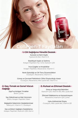 Collagen-T | Cilt, Saç, Tırnak ve Bağ Doku Desteği | Tip I & III Kolajen, Hyaluronik Asit, Alfa Lipoik Asit, Glutatyon, Resveratrol, Koenzim Q10, Biotin, Çinko, Selenyum | 60 Kapsül, 1 Ay