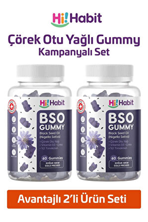 Hi Habit Çörek Otu Yağı İçeren Vegan Gummy 2'li Set – Soğuk Sıkım D3 ve Çinko Takviyeli (2 x 60 Adet)