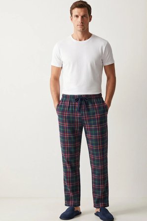 elemge Kareli Pamuklu Erkek Pijama Altı Yumuşak Esnek Rahat Kalıp Cepli Ipli Yeşil Ekose Relax Fit