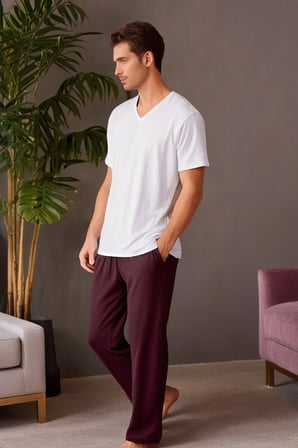 elemge %100 Pamuk Süprem Erkek Pijama Altı Bordo Rahat Kalıp Cepli Relax Fit Lastikli Ipli Terletmez Esnek