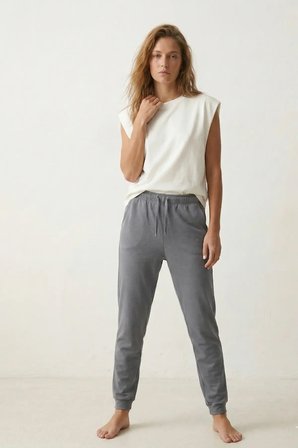 elemge %100 Pamuk Compact Penye Süprem Kadın Pijama Altı Cepli RegularFit Manşet Paça Esnek Gri Terletmez