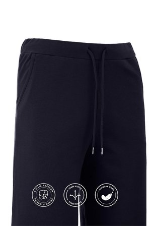 elemge Pamuklu Kadın Eşofman Altı Yüksek Bel Lacivert Dar Kalıp Flare Fit Geniş Paça İpli Cepli Esnek Likra