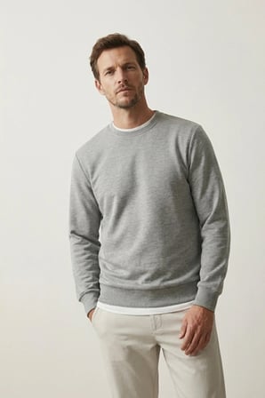 elemge Pamuklu Erkek Sweatshirt Gri Soft Touch Relax Fit Basic Bisiklet Yaka 3 Iplik Nefes Alan
