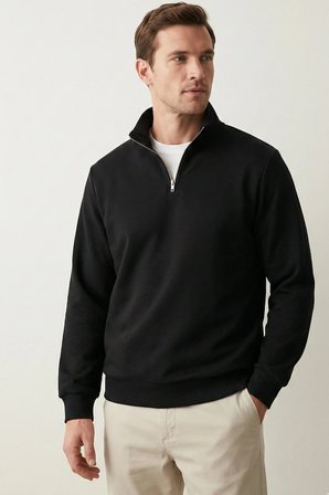 elemge Pamuklu Erkek Sweatshirt Siyah Soft Touch Relax Fit Yarım Fermuarlı Dik Yaka 3 Iplik Nefes Alan