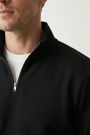 elemge Pamuklu Erkek Sweatshirt Siyah Soft Touch Relax Fit Yarım Fermuarlı Dik Yaka 3 Iplik Nefes Alan