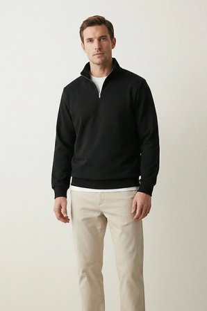 elemge Pamuklu Erkek Sweatshirt Siyah Soft Touch Relax Fit Yarım Fermuarlı Dik Yaka 3 Iplik Nefes Alan