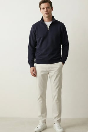 elemge Pamuklu Erkek Sweatshirt Lacivert Soft Touch Relax Fit Yarım Fermuarlı Dik Yaka 3 Iplik Nefes Alan