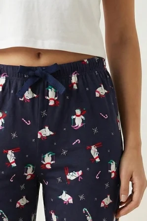 elemge %100 Pamuk Süprem Kadın Pijama Altı Kardan Adam Baskı Bol Kalıp Kurdeleli Terletmez Lacivert Cepsiz