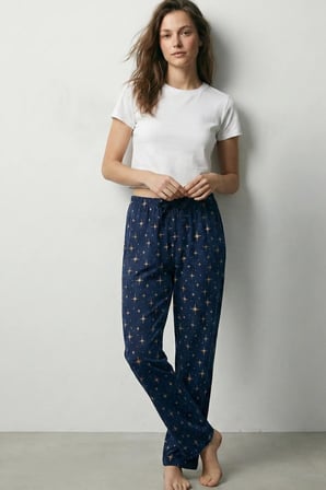 elemge %100 Pamuk Desenli Kadın Pijama Altı Interlok Kumaş Rahat Kalıp İndigo Cepsiz Kurdele Yıldız Baskı