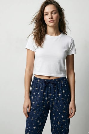 elemge %100 Pamuk Desenli Kadın Pijama Altı Interlok Kumaş Rahat Kalıp İndigo Cepsiz Kurdele Yıldız Baskı