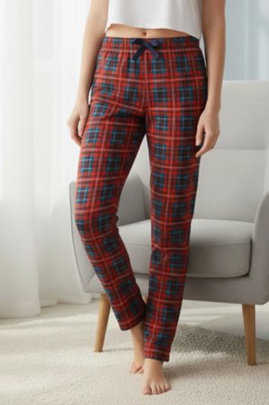 elemge Kadın Kırmızı Pijama Altı Süet Kumaş Ekoseli Rahat Kalıp Kurdeleli Esnek Yumuşak Doku Cepsiz
