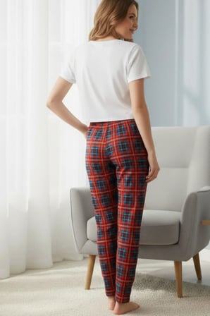 elemge Kadın Kırmızı Pijama Altı Süet Kumaş Ekoseli Rahat Kalıp Kurdeleli Esnek Yumuşak Doku Cepsiz