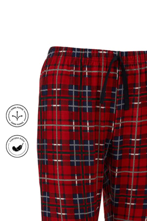 elemge Kadın Kırmızı Pijama Altı Süet Kumaş Ekoseli Rahat Kalıp Kurdeleli Esnek Yumuşak Doku Cepsiz