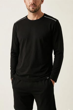 elemge %100 Pamuk Süprem Uzun Kollu Pijama Üstü Erkek T-Shirt Compact Penye Rahat Kalıp Tok Kumaş Siyah