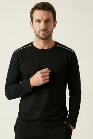 elemge %100 Pamuk Süprem Uzun Kollu Pijama Üstü Erkek T-Shirt Compact Penye Rahat Kalıp Tok Kumaş Siyah