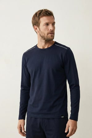 elemge %100 Pamuk Süprem Uzun Kollu Pijama Üstü Erkek T-Shirt Compact Penye Rahat Kalıp Tok Kumaş Lacivert