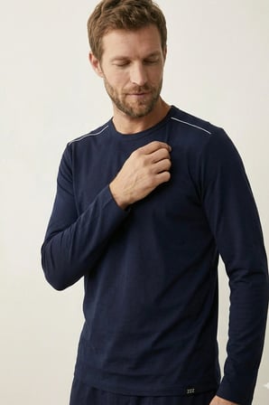 elemge %100 Pamuk Süprem Uzun Kollu Pijama Üstü Erkek T-Shirt Compact Penye Rahat Kalıp Tok Kumaş Lacivert
