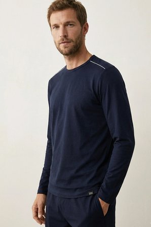 elemge %100 Pamuk Süprem Uzun Kollu Pijama Üstü Erkek T-Shirt Compact Penye Rahat Kalıp Tok Kumaş Lacivert