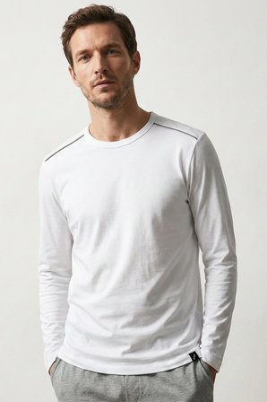 elemge %100 Pamuk Süprem Uzun Kollu Pijama Üstü Erkek T-Shirt Compact Penye Rahat Kalıp Tok Kumaş Beyaz