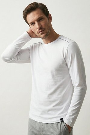 elemge %100 Pamuk Süprem Uzun Kollu Pijama Üstü Erkek T-Shirt Compact Penye Rahat Kalıp Tok Kumaş Beyaz