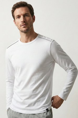 elemge %100 Pamuk Süprem Uzun Kollu Pijama Üstü Erkek T-Shirt Compact Penye Rahat Kalıp Tok Kumaş Beyaz