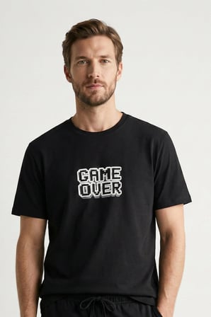 elemge %100 Pamuk Pijama Üstü T-Shirt Süprem Compact Penye Erkek Rahat Kalıp Siyah Kısa Kol Game Over Baskı