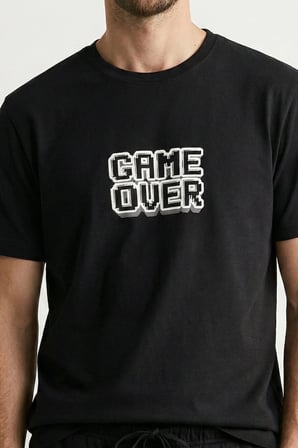 elemge %100 Pamuk Pijama Üstü T-Shirt Süprem Compact Penye Erkek Rahat Kalıp Siyah Kısa Kol Game Over Baskı