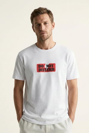 elemge %100 Pamuk Pijama Üstü T-Shirt Süprem Compact Penye Erkek Rahat Kalıp Beyaz Kısa Kol Do Not Disturb