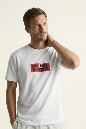 elemge %100 Pamuk Pijama Üstü T-Shirt Süprem Compact Penye Erkek Rahat Kalıp Beyaz Kısa Kol Do Not Disturb
