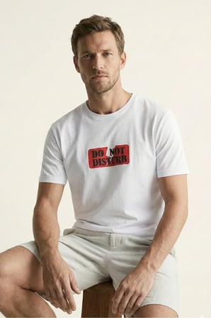 elemge %100 Pamuk Pijama Üstü T-Shirt Süprem Compact Penye Erkek Rahat Kalıp Beyaz Kısa Kol Do Not Disturb