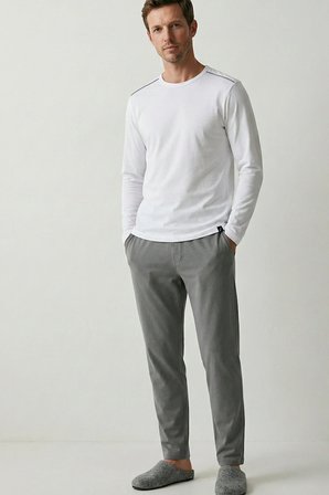 elemge %100 Pamuk Erkek Süprem Pijama Takımı Compact Penye Gri Byz Uzun Kol Cepli İpli Relax Fit Terletmez