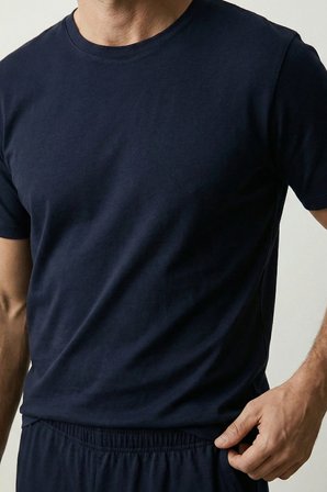 elemge Pamuk Elastan Süprem Erkek Pijama Takımı Şort & T-Shirt Rahat Kalıp Lacivert Cep İnce Compact Penye