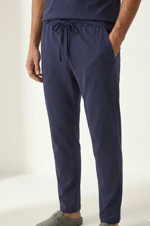 elemge %100 Pamuk Compact Tok Penye Süprem Erkek 2'li Pijama Takımı Rahat Kalıp Kısa Kol Cepli İpli Lacvert