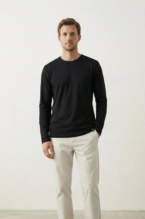 elemge %100 Pamuk Erkek Süprem Basic T-Shirt Compact Penye Tok Kumaş Uzun Kollu Siyah Sporcu Tişört Body