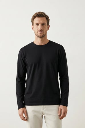 elemge %100 Pamuk Erkek Süprem Basic T-Shirt Compact Penye Tok Kumaş Uzun Kollu Siyah Sporcu Tişört Body