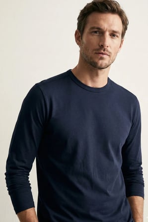 elemge %100 Pamuk Erkek Süprem Basic T-Shirt Compact Penye Tok Kumaş Uzun Kollu Lacivert Sporcu Tişört Body