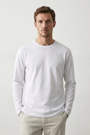 elemge %100 Pamuk Erkek Süprem Basic T-Shirt Compact Penye Tok Kumaş Uzun Kollu Beyaz Sporcu Tişört Body