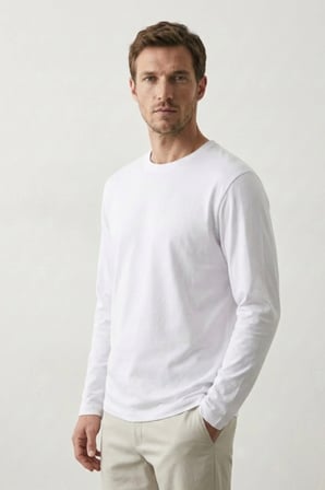elemge %100 Pamuk Erkek Süprem Basic T-Shirt Compact Penye Tok Kumaş Uzun Kollu Beyaz Sporcu Tişört Body