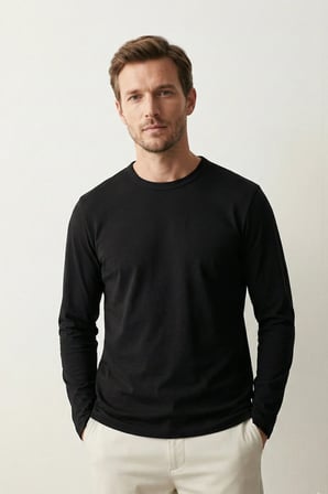 elemge %100 Pamuk 3'lü Erkek Süprem Basic T-Shirt Compact Penye Uzun Kollu Tok Kumaş Tişört Siyah Laci Beyz