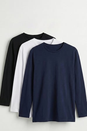 elemge %100 Pamuk 3'lü Erkek Süprem Basic T-Shirt Compact Penye Uzun Kollu Tok Kumaş Tişört Siyah Laci Beyz