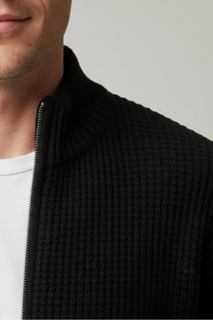 elemge Erkek Hırka Fermuarlı Regular Fit Yarım Balıkçı Yaka Siyah Triko Ceket Bol Kesim Waffle