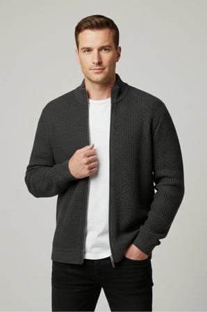 elemge Erkek Hırka Fermuarlı Regular Fit Yarım Balıkçı Yaka Antrasit Triko Ceket Bol Kesim Waffle