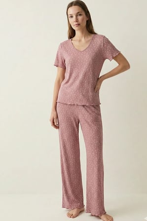 elemge Kadın Bambu Pamuk Pijama Takımı Gül Kurusu Fitilli Regular Fit Alt & Üst İnce Kısa Kol Lastkli Esnek